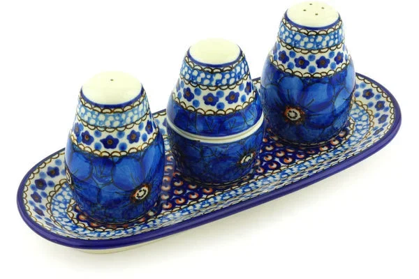 10″ Salt and Pepper with Toothpick Holder – Cobalt Poppies