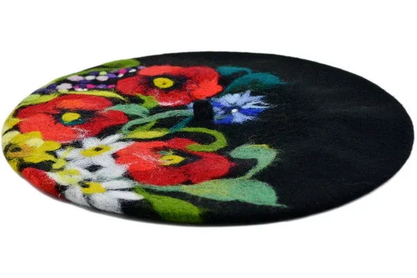 11″ Handmade Needle Felted Wool Beret Hat – Poppies