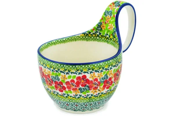 16 oz Bowl with Loop-Handle – Red Flora On Green Daisy
