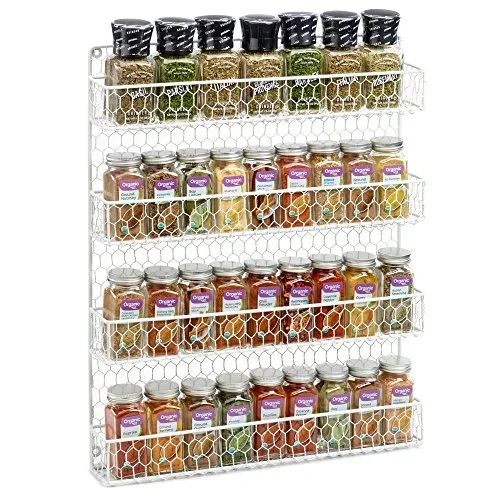 1790 Rustic Chicken Wire Spice Rack – Hanging Spice Rack – 4 Tiers (White)