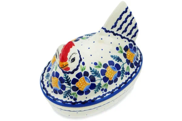 7″ Hen Shaped Jar – Orange And Blue Flower