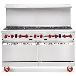 American Range ARGF-10-LP 60″ 10 Burner Commercial Liquid Propane Gas Range with Green Flame Pilotless Ignition – 362,000 BTU