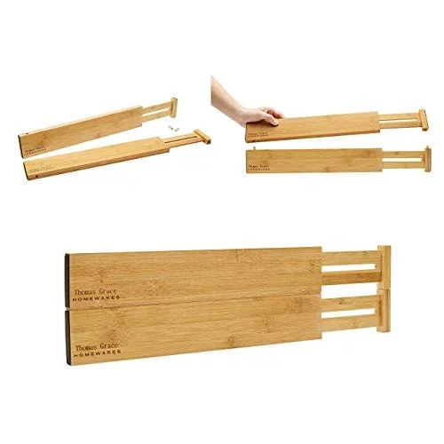 Bamboo Kitchen Drawer Divider Organizer – Thomas Grace Homewares – Only Stackable Divider! Set-of- 4 Spring loaded, Expandable, Adjustable in Bedroom, Bathroom, Baby, Office, Cutlery, Junk drawer