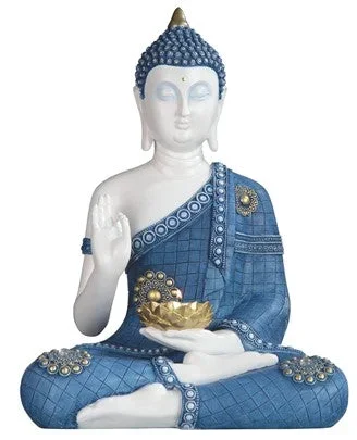 Buddha Sitting Candle Holder Blue/White 15″