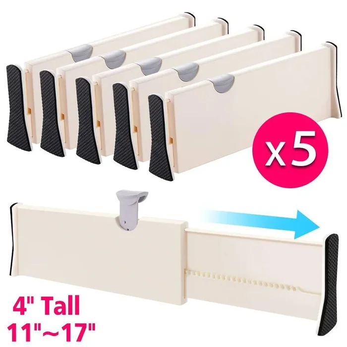 Drawer Dividers Organizer 5 Pack, Adjustable Separators 4″ High Expandable from 11-17″ for Bedroom, Bathroom, Closet,Clothing, Office, Kitchen Storage, Strong Secure Hold, Foam Ends, Locks in Place
