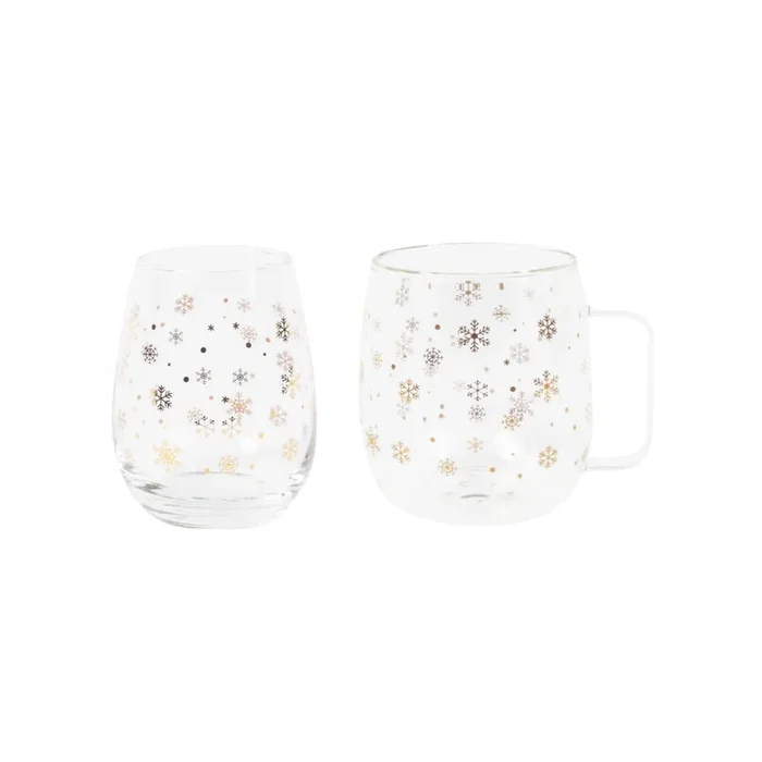 Ensemble de verre à vin et tasse Flocon de Neige Or
