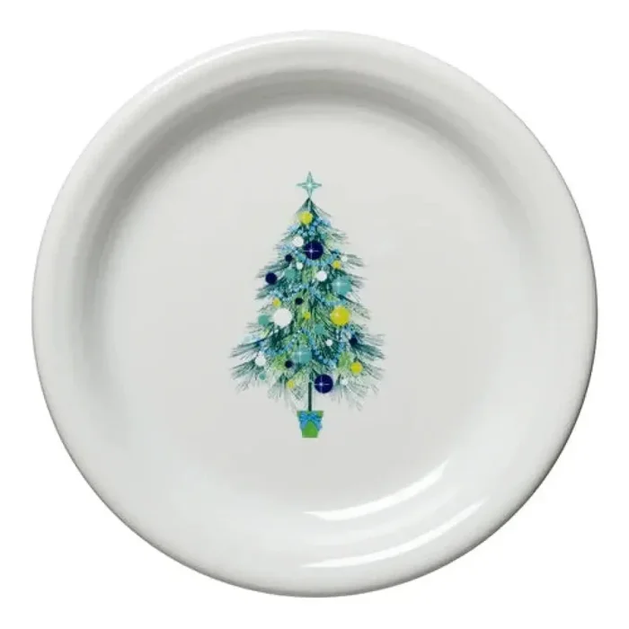 Fiesta Blue Christmas Tree on White Appetizer Plate. RETIRED