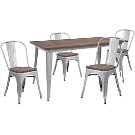 Flash Furniture CH-WD-TBCH-13-GG 30.25″ x 60″ Silver Metal Table Set with Wood Top and 4 Stack Chairs