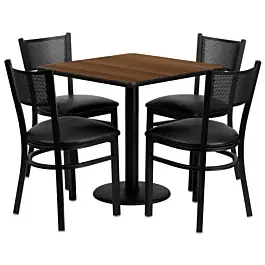 Flash Furniture MD-0005-GG 30″ Square Walnut Laminate Table Set with 4 Grid Back Metal Chairs – Black Vinyl Seat
