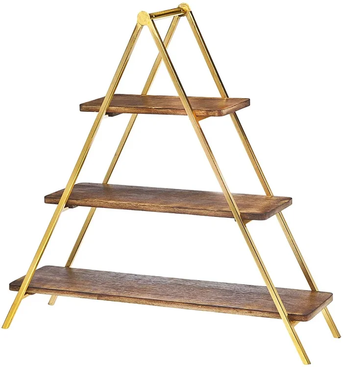 Godinger 3 Tier Wood Server with Gold