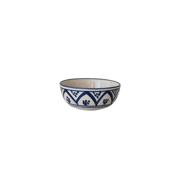 Hand-Painted Stoneware Bowl w/ Pattern, Cream & Blue