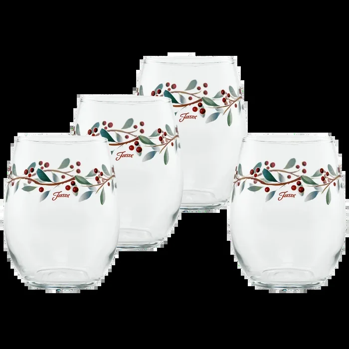 Holly Berry Christmas 15 oz. Stemless Wine Glass – Set of 4
