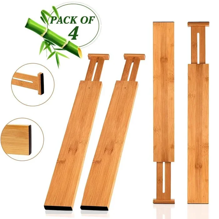 Hossejoy Bamboo Drawer Divider, Kitchen Drawer Organizer Spring Adjustable & Expendable Drawer Dividers – Best dividers for Kitchen, Dresser, Bedroom, Baby Drawer, Bathroom, Desk – Pack of 4