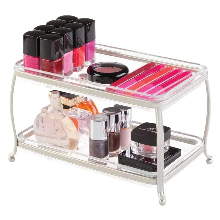 iDesign York Plastic Free-Standing Double Vanity Tray, 2-Shelves Storage for Countertops, Desks, Dressers, Bathroom, 10.5″ x 6.5″ x 6″ – Satin Silver and Clear