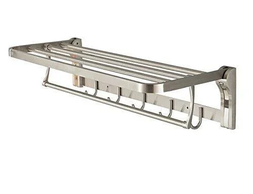 K-Steel Stainless Steel Foldable Bath Towel Rack Bathroom Shelf Towel Bar Storage Organizer Contemporary Hotel Square Style Wall Mount with Hooks