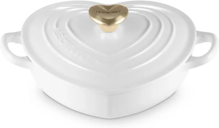 Le Creuset 1 1/4 Qt. Shallow Heart Cocotte w/Light Gold Heart Knob – White
