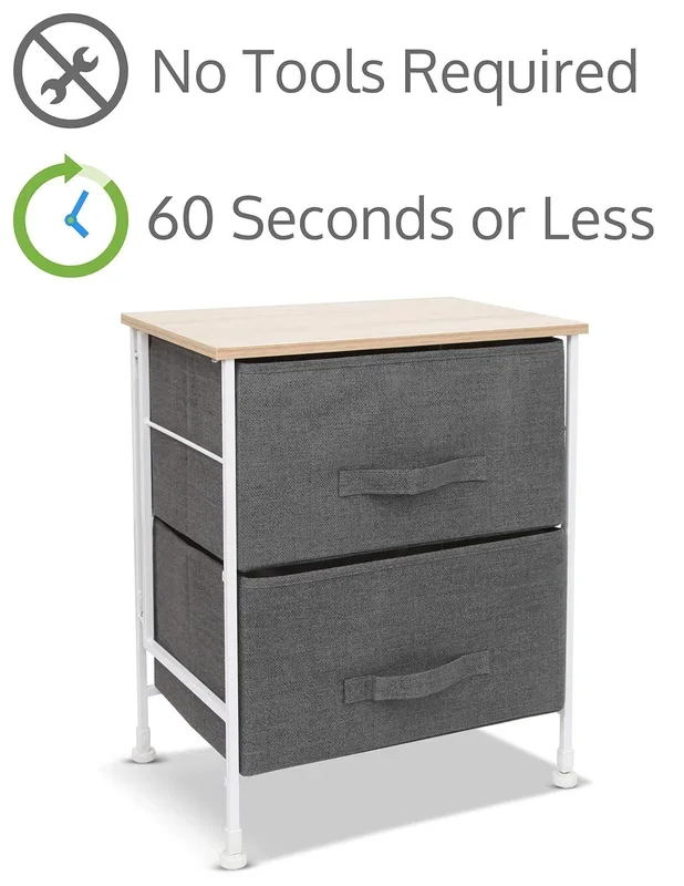 Luxton Home 2 Drawer Storage Organizer – 60 Second Fast Assembly, No Tools Needed, Small Gray Linen Tower Dresser Chest Dorm Room Essential, Closet, Bedroom, Bathroom (2D,Grey)