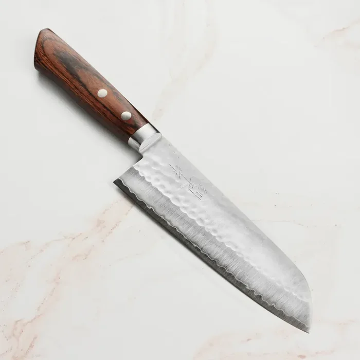Masutani VG1 Hammered 6.7″ Santoku, Brown Handle