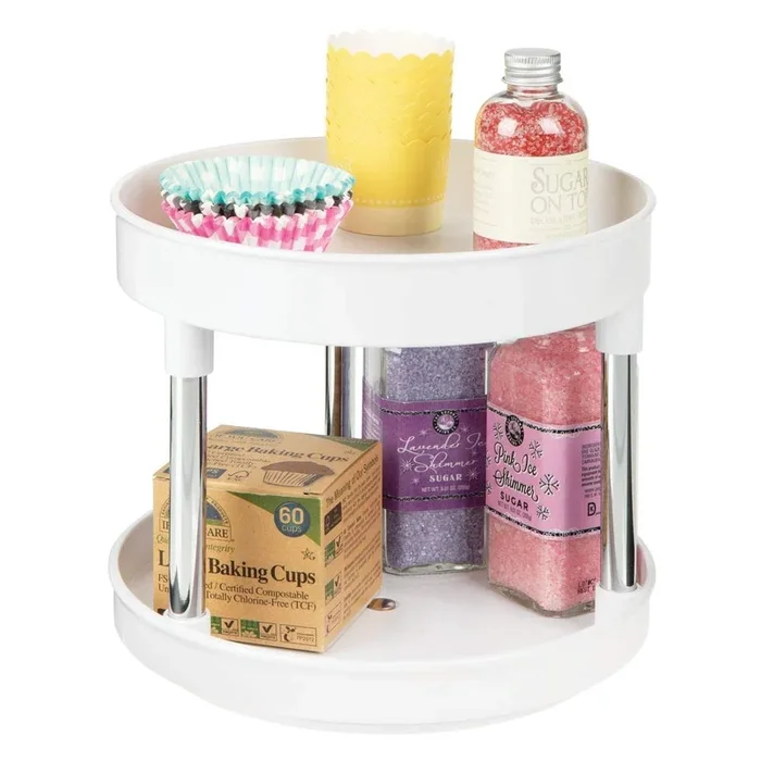 mDesign 2 Tier Lazy Susan Turntable Food Storage Container for Cabinets, Pantry, Fridge, Countertops – Spinning Organizer for Spices, Condiments – 9″ Round – White/Chrome