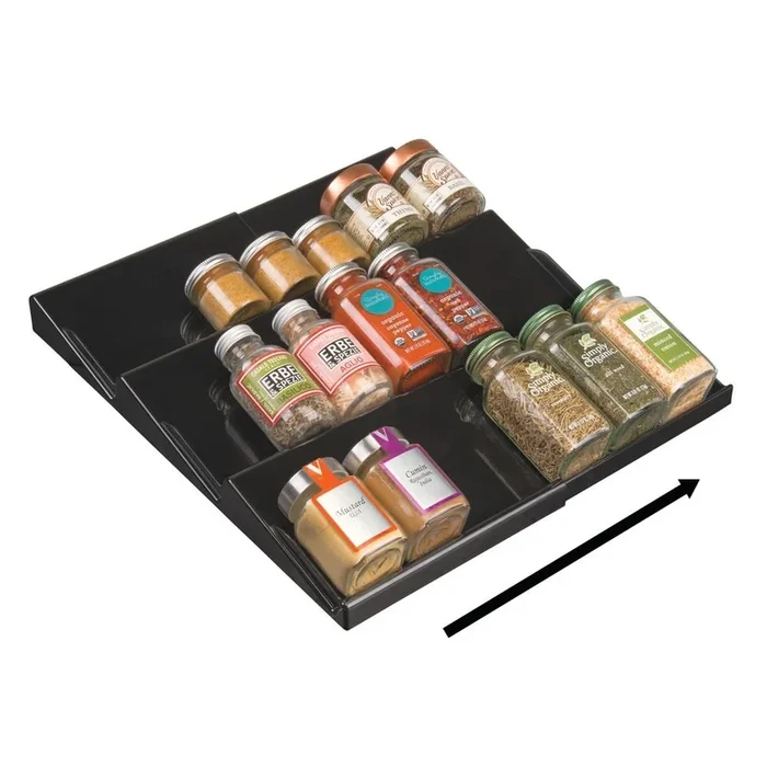 mDesign Adjustable, Expandable Plastic Spice Rack, Drawer Organizer for Kitchen Cabinet Drawers – 3 Slanted Tiers for Garlic, Salt, Pepper Spice Jars, Seasonings, Vitamins, Supplements – Black