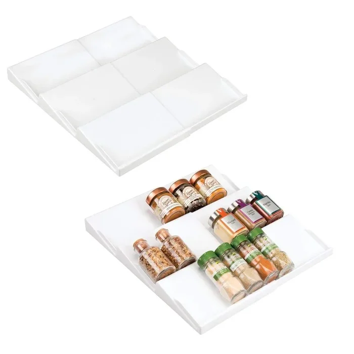 mDesign Adjustable, Expandable Plastic Spice Rack, Drawer Organizer for Kitchen Cabinet Drawers – 3 Slanted Tiers for Garlic, Salt, Pepper Spice Jars, Seasonings, Vitamins, Supplements, 2 Pack – White