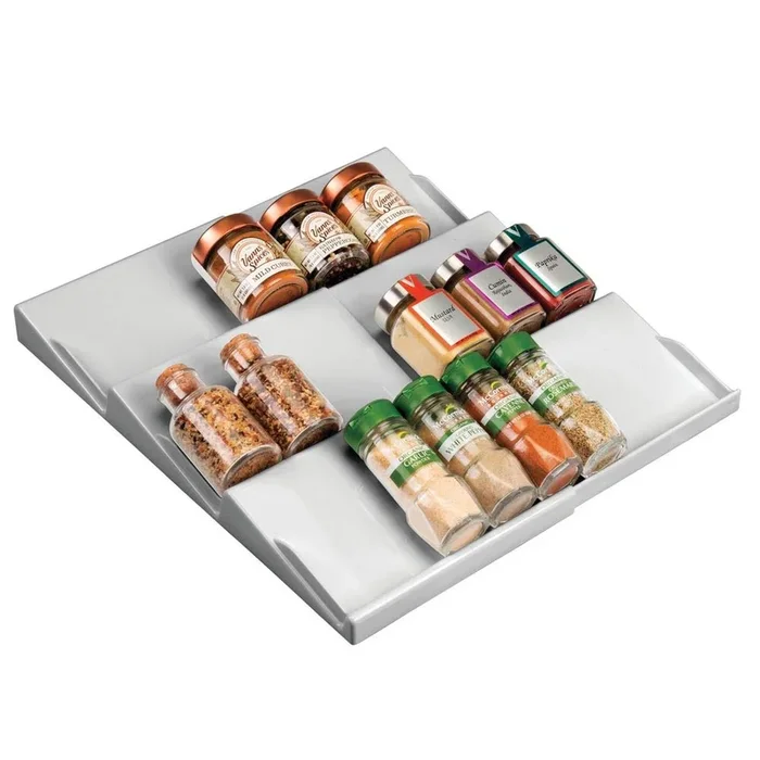 mDesign Adjustable, Expandable Plastic Spice Rack, Drawer Organizer for Kitchen Cabinet Drawers – 3 Slanted Tiers for Garlic, Salt, Pepper Spice Jars, Seasonings, Vitamins, Supplements – Gray