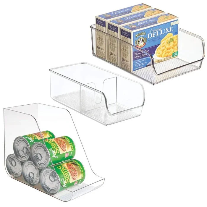 mDesign Canned Food/Soda Organizer, Spice Packet Bin, Storage Bin for Pantry, Refrigerator, Freezer – Set of 3, Clear