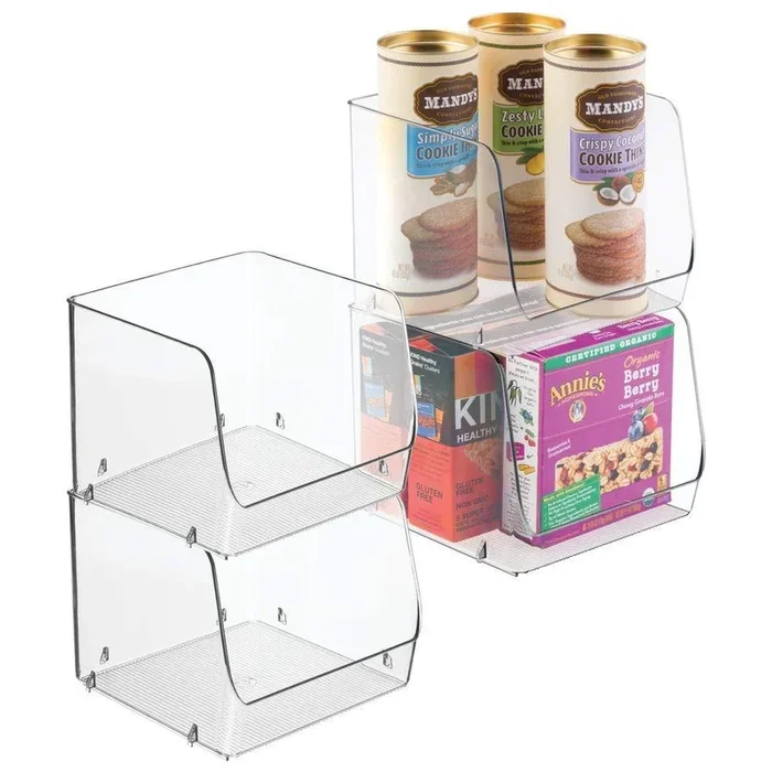 mDesign Large Household Stackable Plastic Food Storage Organizer Bin Basket with Wide Open Front for Kitchen Cabinets, Pantry, Offices, Closets, Bedrooms, Bathrooms – Cube – 7.75″ Wide, 4 Pack – Clear