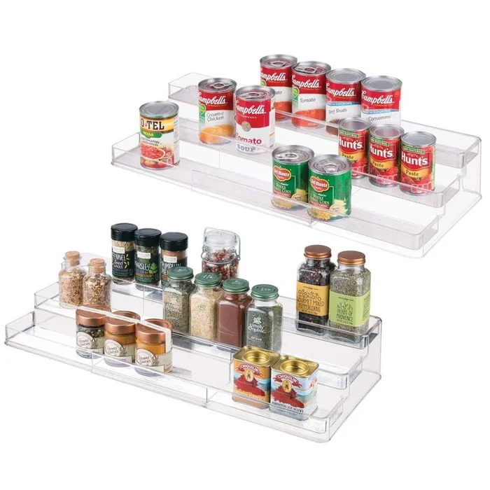 mDesign Large Plastic Adjustable, Expandable Kitchen Cabinet, Pantry, Shelf Organizer/Spice Rack with 3 Tiered Levels of Storage for Spice Bottles, Jars, Seasonings, Baking Supplies – 2 Pack – Clear