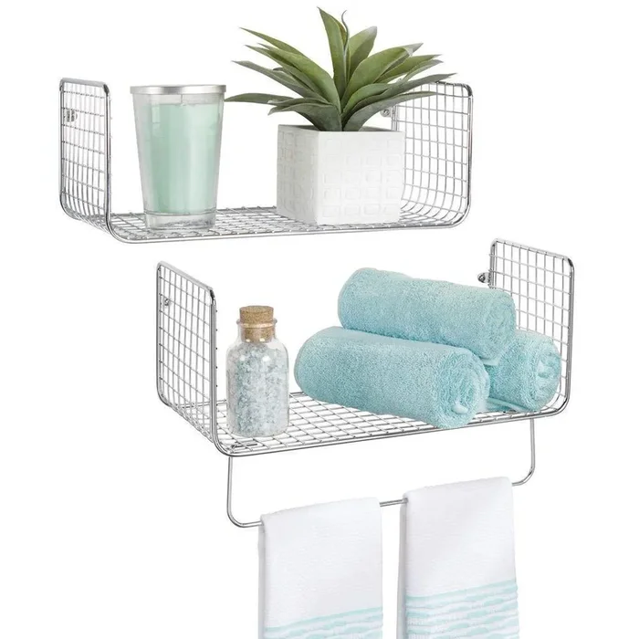mDesign Metal Wire Farmhouse Wall Decor Storage Organizer Shelving Set – 1 Shelf with Towel Bar for Bathroom, Laundry Room, Kitchen, Garage – Wall Mount, 2 Pieces – Chrome