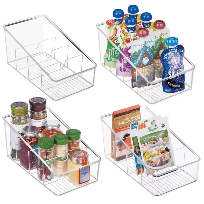 mDesign Plastic Food Packet Organizer Bin Caddy – Storage Station for Kitchen, Pantry, Cabinet, Countertop – Holds Spice Pouches, Dressing Mixes, Hot Chocolate, Tea, Sugar Packets – 4 Pack, Clear