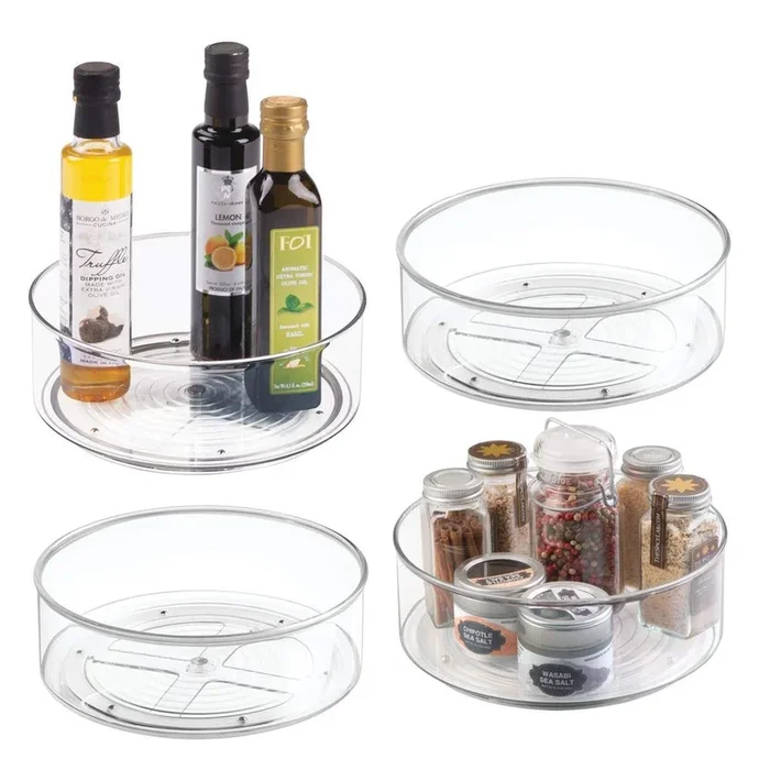 mDesign Plastic Lazy Susan Spinning Food Storage Turntable for Cabinet, Pantry, Refrigerator, Countertop – Spinning Organizer for Spices, Condiments, Baking Supplies – 9″ Round, 4 Pack – Clear