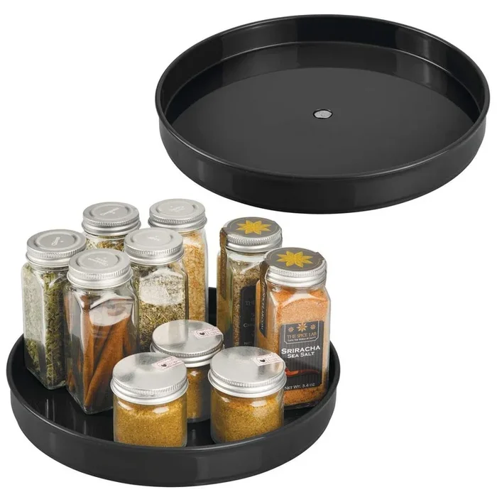 mDesign Plastic Lazy Susan Turntable Food Storage Container for Cabinets, Pantry, Refrigerator, Countertops – Spinning Organizer for Spices, Condiments, Baking Supplies – 9″ Round, 2 Pack – Black