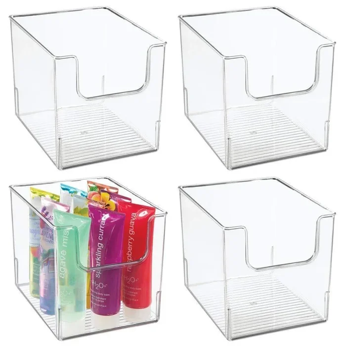mDesign Plastic Open Front Bathroom Storage Organizer Basket Bin – for Cabinets, Shelves, Countertops, Bedroom, Kitchen, Laundry Room, Closet, Garage – 8″ Wide, 4 Pack – Clear