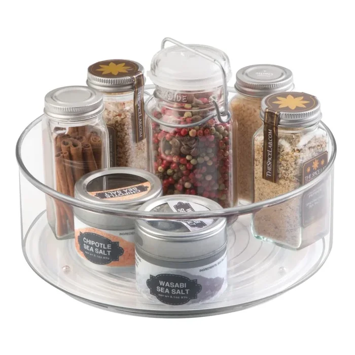 mDesign Plastic Round Lazy Susan Rotating Turntable Food Storage Container for Cabinet, Pantry, Refrigerator, Countertop, Spinning Organizer for Spices, Condiments, Baking Supplies – Clear