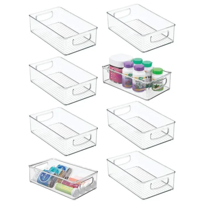 mDesign Stackable Plastic Storage Organizer Container Bin with Handles for Bathroom – Holds Vitamins, Pills, Supplements, Essential Oils, Medical Supplies, First Aid Supplies – 3″ High, 8 Pack – Clear
