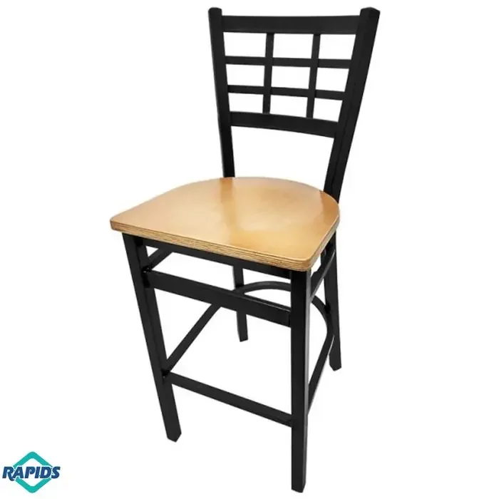Oak Street Window Pane Back Commercial Barstool with Metal Frame Wood Seat