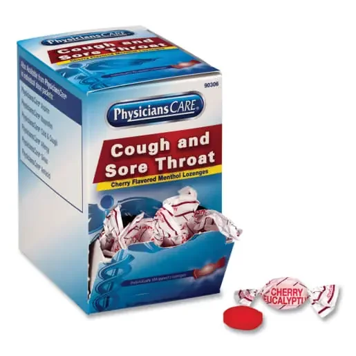 PhysiciansCare ACM90306 Cough and Sore Throat, Cherry Menthol Lozenges, Individually Wrapped, 50/Box