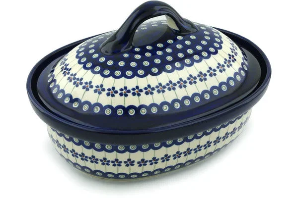 Polish Pottery 12″ Baker with Cover Flowering Peacock