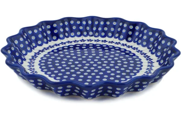Polish Pottery 13″ Fluted Pie Dish Flowering Peacock
