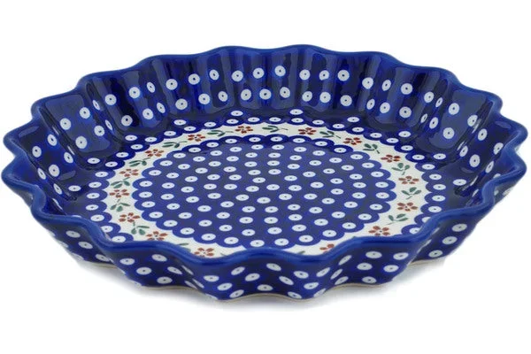Polish Pottery 13″ Fluted Pie Dish Red Daisy Peacock