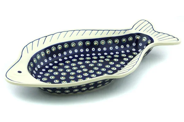 Polish Pottery 17″ Fish Shaped Platter Peacock Eyes