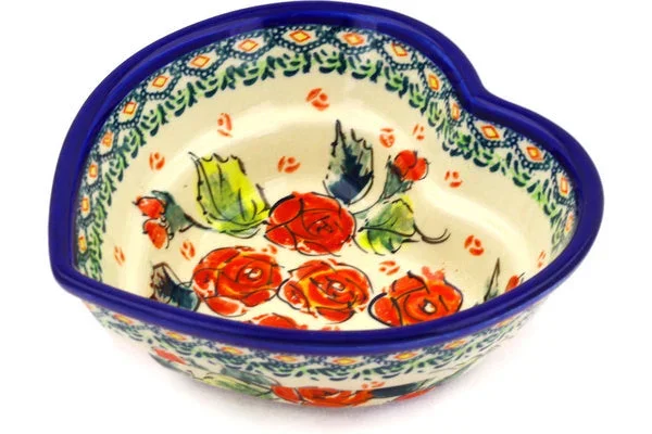 Polish Pottery 6″ Heart Shaped Bowl Polish Roses UNIKAT