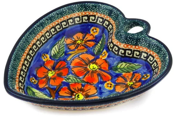 Polish Pottery 6″ Heart Shaped Bowl Poppies UNIKAT