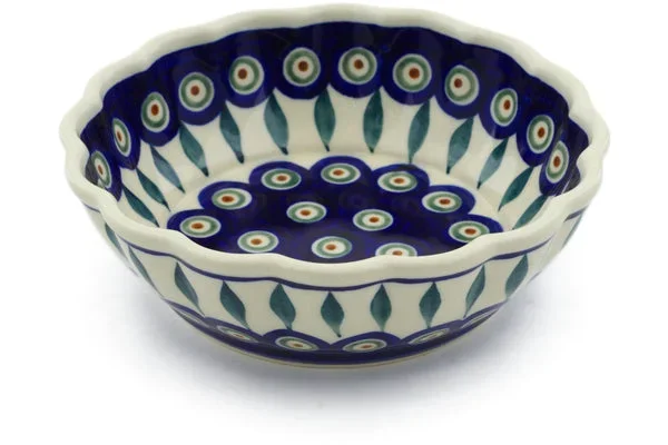 Polish Pottery 6″ Scalloped Bowl Peacock Leaves