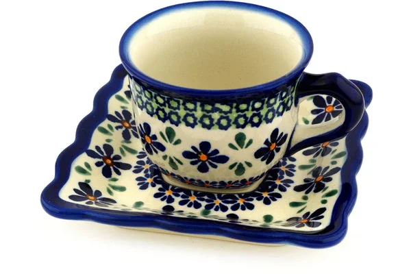 Polish Pottery 6 oz Cup with Saucer Gingham Flowers