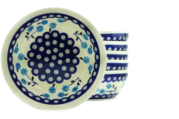 Polish Pottery 7″ Set of 6 Bowls Peacock Poppies
