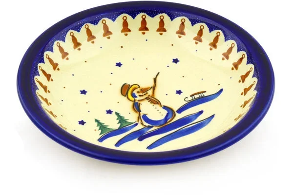Polish Pottery 9″ Pasta Bowl Snowman Bells