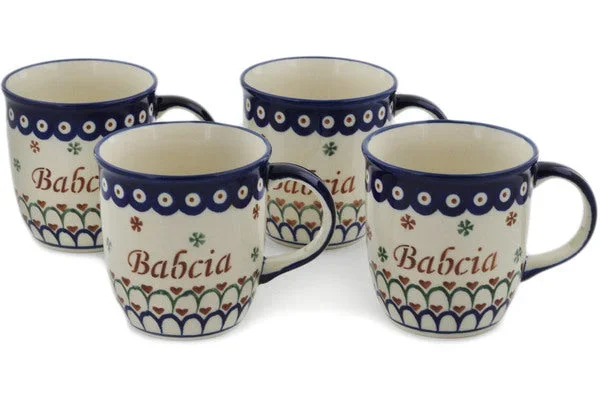 Polish Pottery Set of Four 12oz Mugs Babcia-Grandma