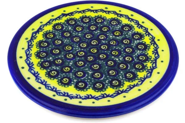 Polish Pottery trivet, hot plate Peacock Bumble Bee